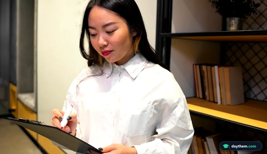 Nữ giảng viên tập trung rà soát và chỉnh sửa tài liệu chuyên môn trên bàn làm việc