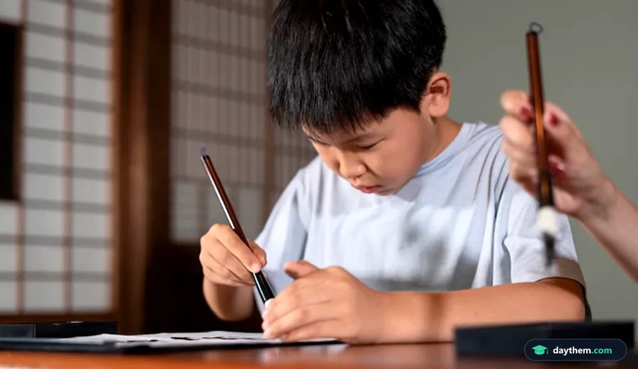 Cận cảnh người đang thực hành viết nét chữ Hán bằng bút trong lớp học