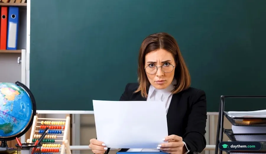 Nữ giáo viên đeo kính ngồi trước bảng đen cầm tờ giấy trắng, minh họa cho việc nghiên cứu hồ sơ văn bằng và chứng chỉ chuyên môn.